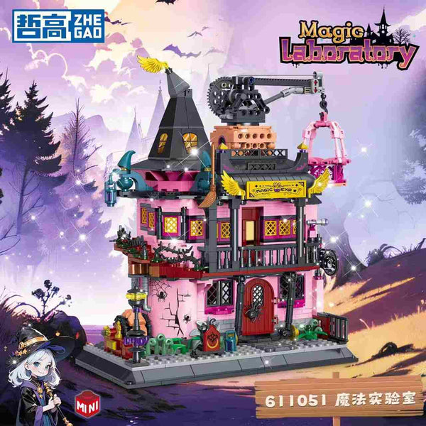 Toy building set resembling a magical laboratory with a witch character on a Halloween-themed background.